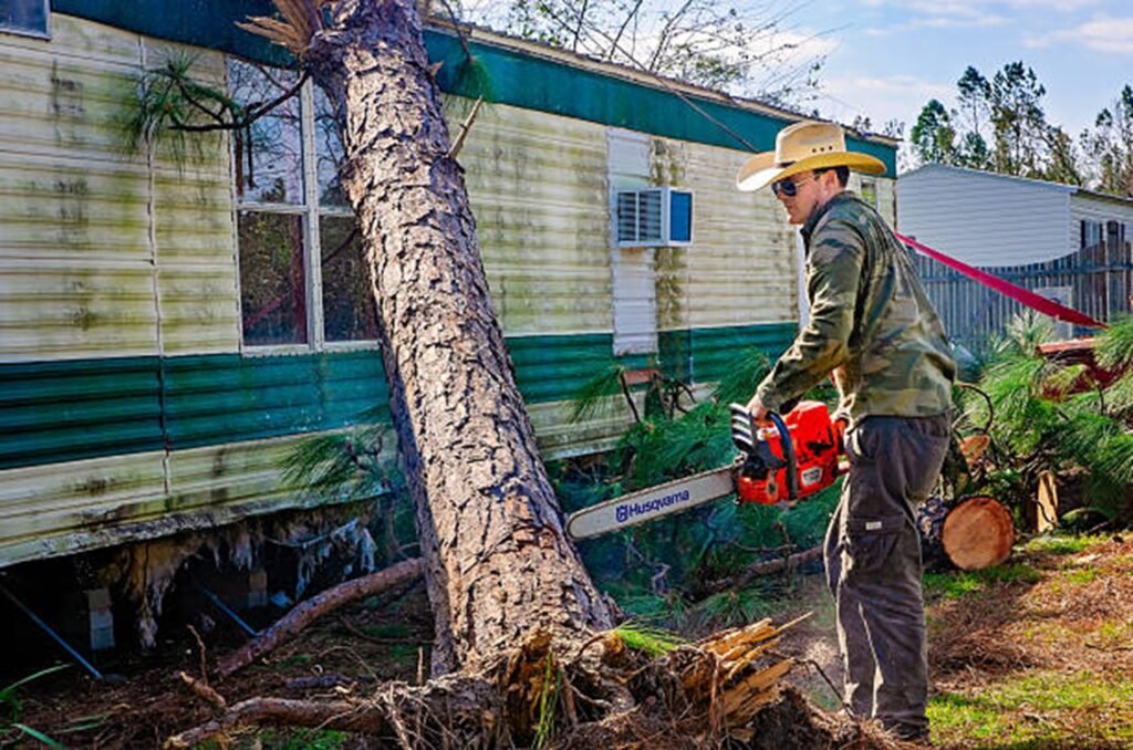 Storm-damaged tree leaning against a residential home before emergency tree removal service in Wildwood, MO.