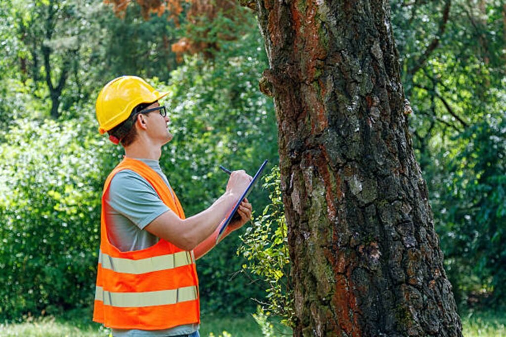Certified arborist inspecting a storm-damaged tree to evaluate safety risks and recommend professional tree care services in Ballwin, MO.