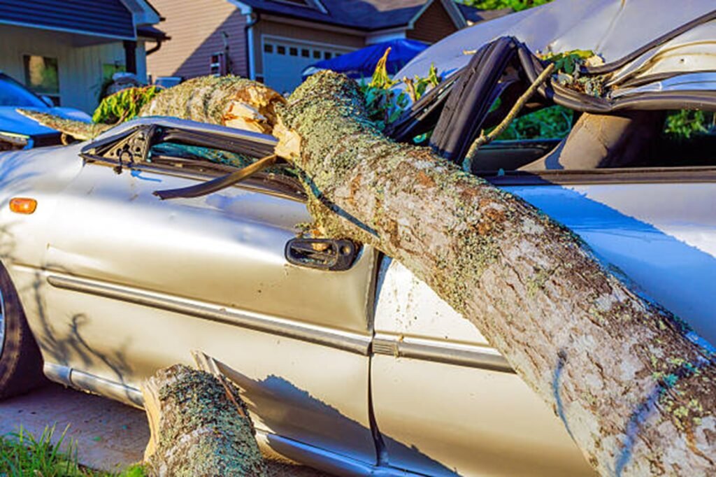 Large fallen tree crushing a parked vehicle after a severe storm, highlighting the need for professional storm damage cleanup in Wildwood, MO.